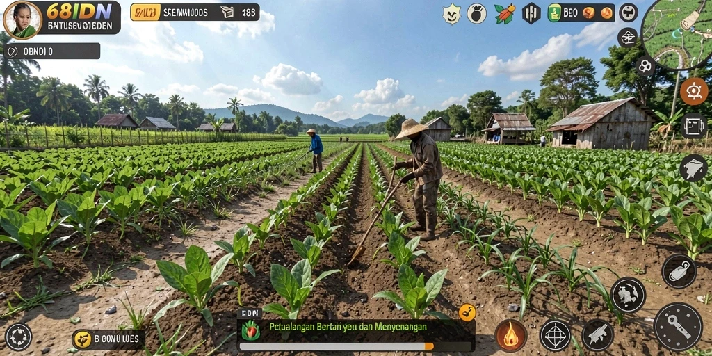 Screenshot gameplay 68IDN menunjukkan pertanian yang subur dan aktivitas bertani.