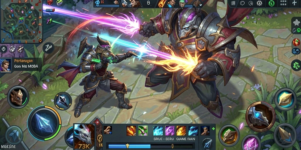 Screenshot gameplay epik dari 73K dengan aksi MOBA yang mendebarkan.
