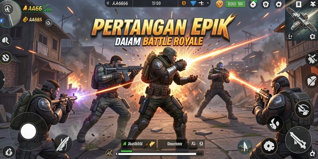 Tampilan gameplay AA666 yang intens dalam pertarungan Battle Royale.
