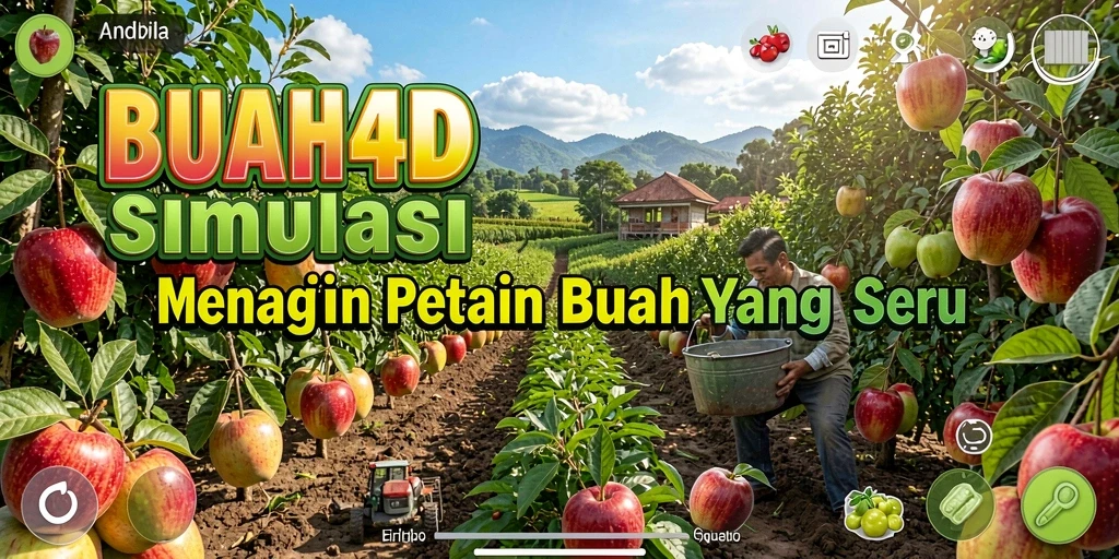 Tampilan gameplay <strong>BUAH4D</strong>, menggambarkan kebun yang subur dan buah-buahan yang siap dipanen.