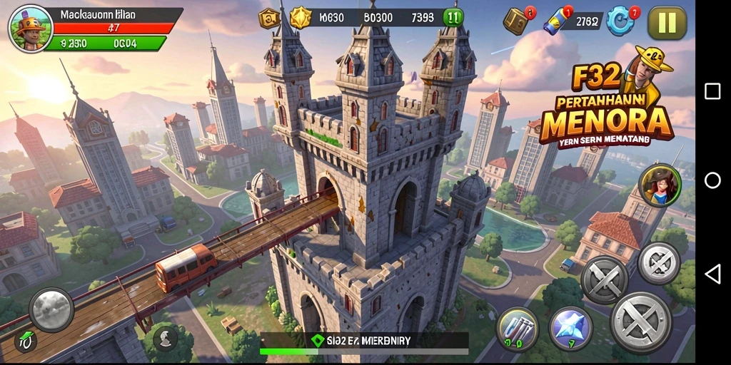 Screenshot menampilkan gameplay seru dan strategi menara di F32 Tower Defense.
