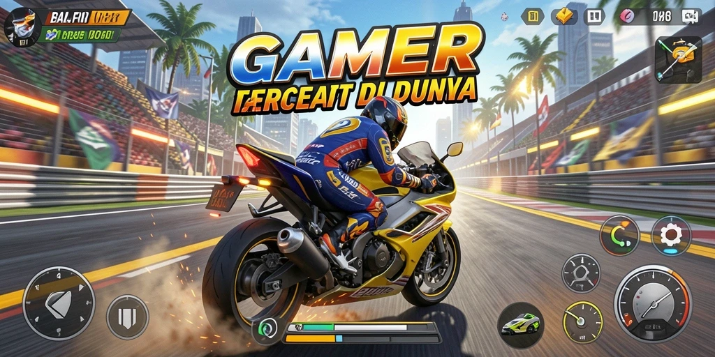 Tampilan gameplay balapan motor yang seru dan menantang.