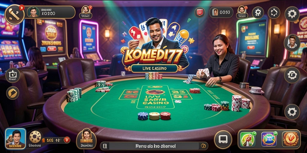 Screenshot gameplay KOMEDI77 menunjukkan suasana kasino yang menegangkan.