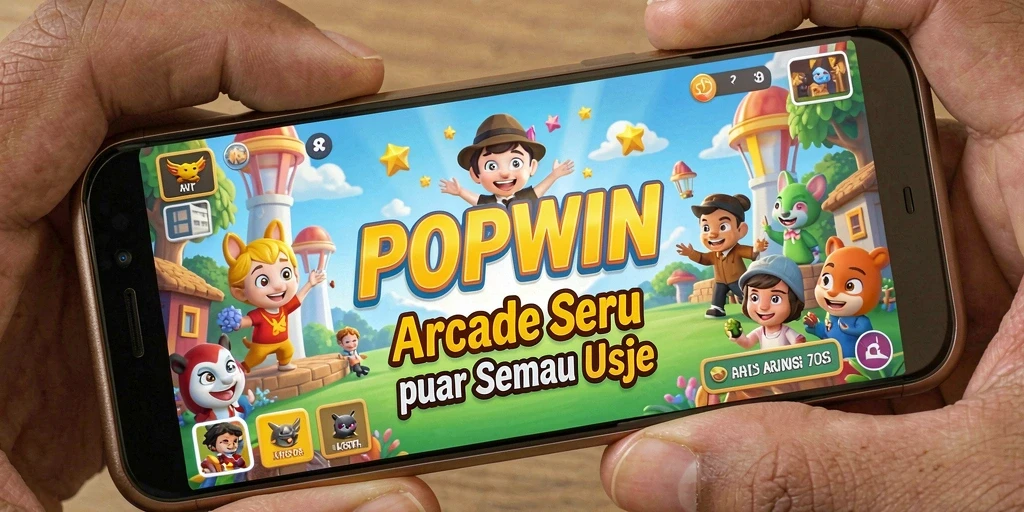 Screenshot utama POPWIN menampilkan gameplay Arcade yang seru dan penuh warna.