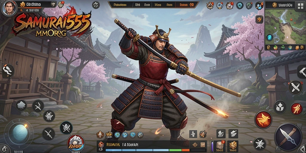 Screenshot utama <strong>SAMURAI555</strong> menunjukkan aksi pertarungan samurai yang seru.